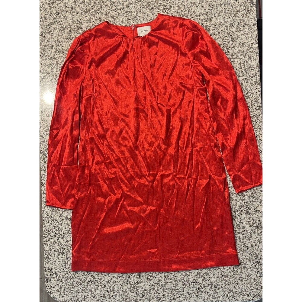 Nine West Red Dress Long Sleeve Size Small, Round Neck, Vibrant Red, Luxury.